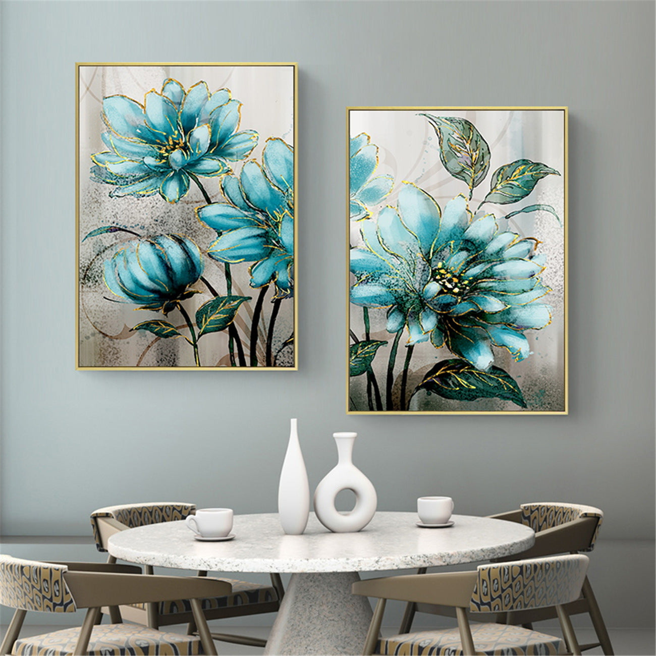 Blue Flowers Golden Lace Noble Decorative Poster Modern Nordic Canvas Painting Print Decor Wall Art Pictures For Living Room