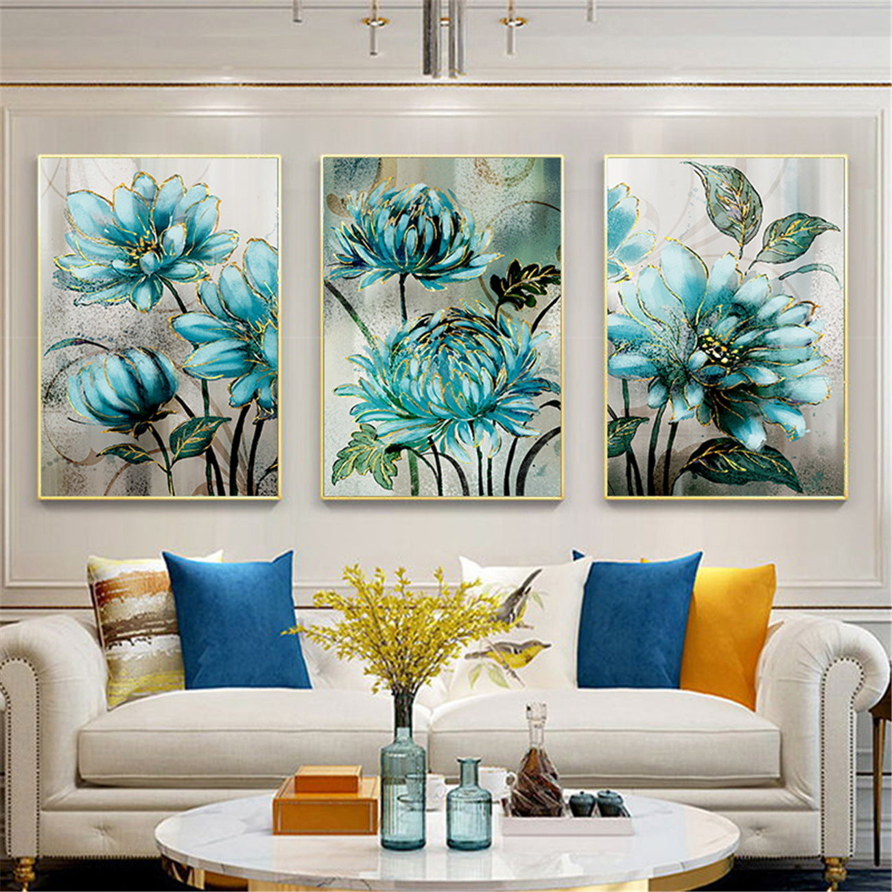 Blue Flowers Golden Lace Noble Decorative Poster Modern Nordic Canvas Painting Print Decor Wall Art Pictures For Living Room