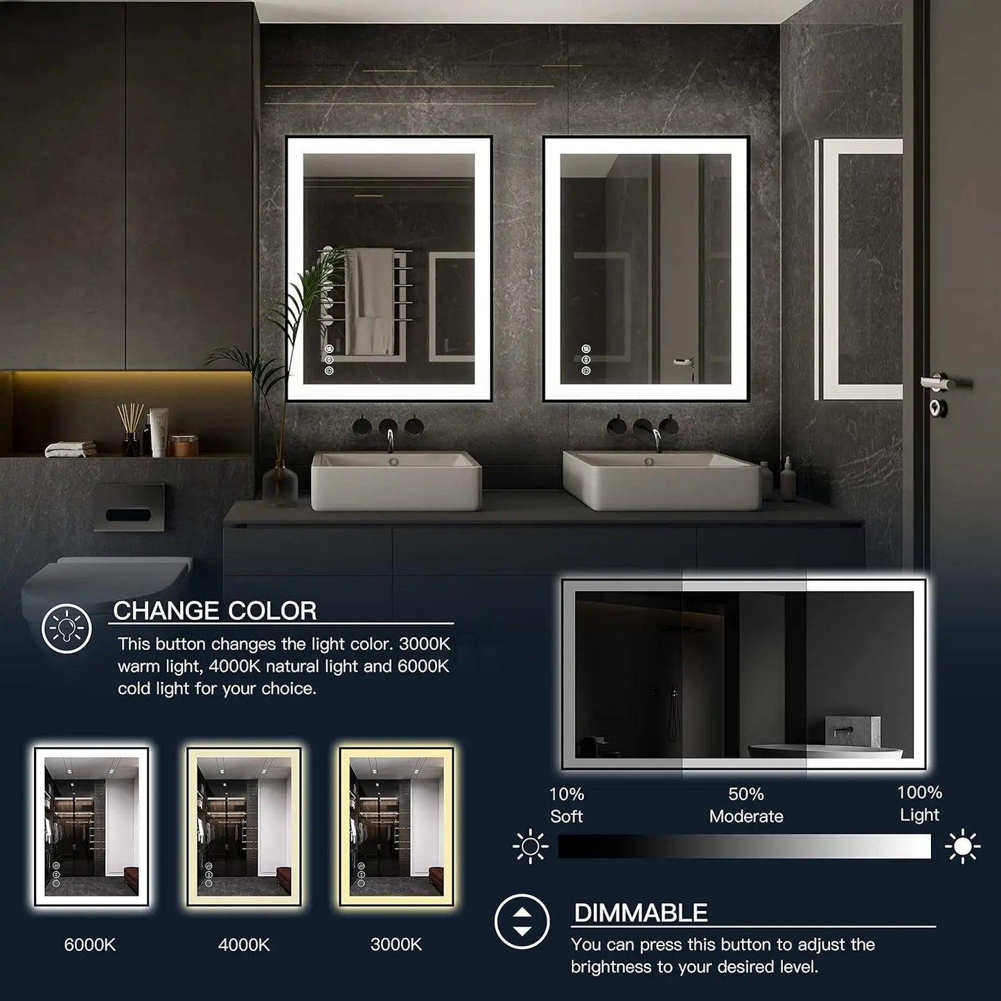 Hotel Mirror / Wall Mounted Smart Led Glass Mirror Custom Made Size