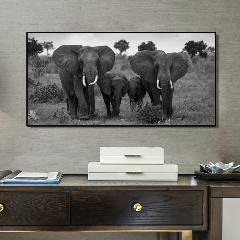 Black And White Animal Poster African Wild Elephant Family Portrait Home Decor