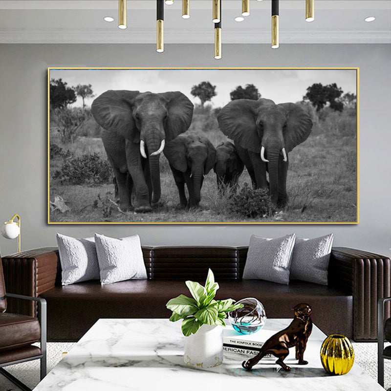 Black And White Animal Poster African Wild Elephant Family Portrait Home Decor