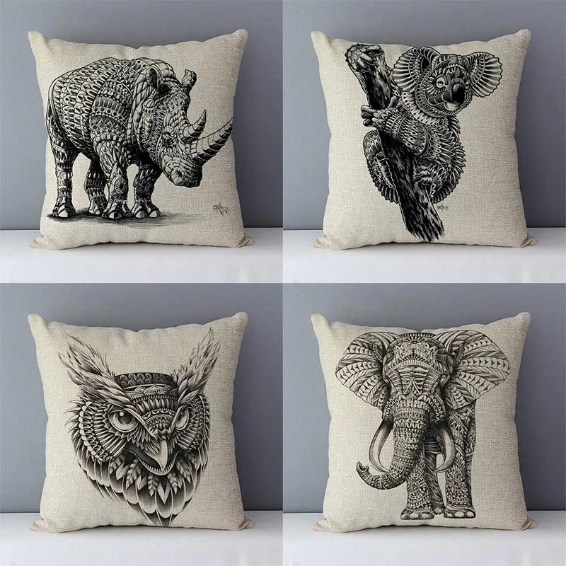 Exotic Animal Print Decorative Cushion Cover ONLY -  Elephant, Rhino, Koala, Owl, Elk