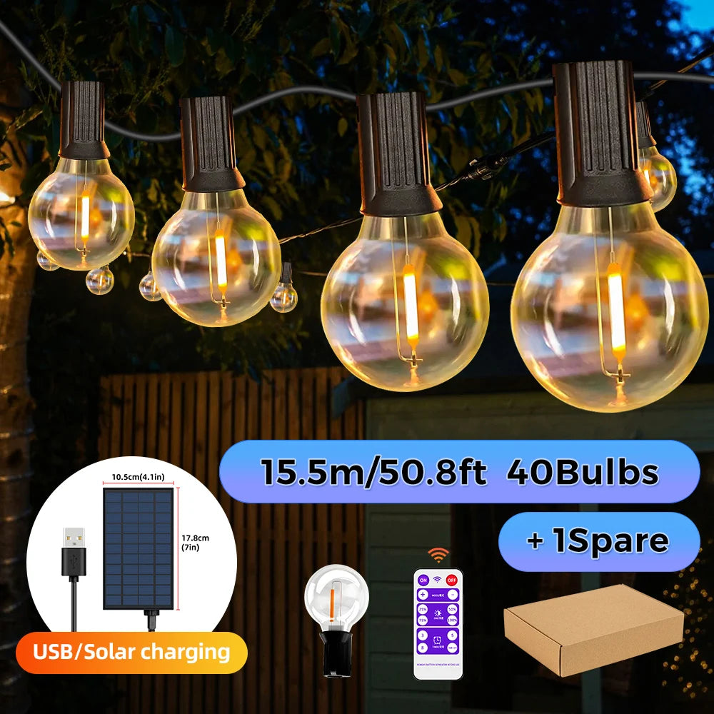 Solar String Lights Outdoor G40 Patio Lights with LED Shatterproof Bulbs,Weatherproof Hanging Lights for Backyard Bistro (Choose Length & Colour)