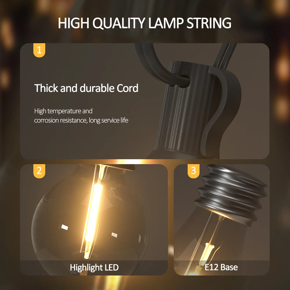 Solar String Lights Outdoor G40 Patio Lights with LED Shatterproof Bulbs,Weatherproof Hanging Lights for Backyard Bistro (Choose Length & Colour)