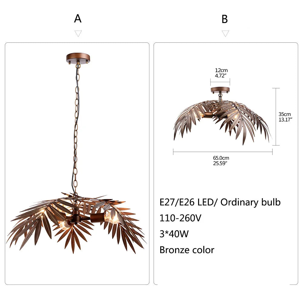 Coconut Leaf Rustic Metal Chandelier (Choose Drop & Plug Type)