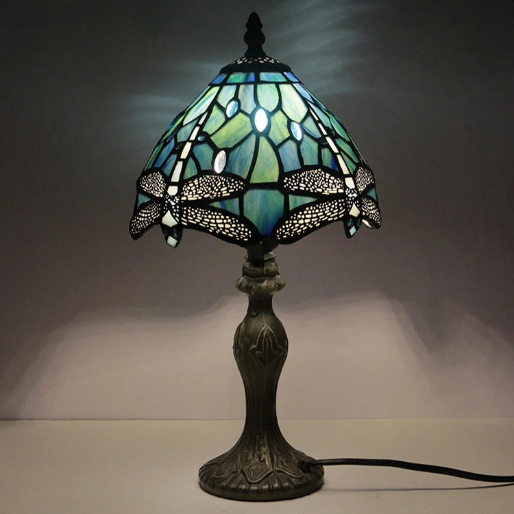 LIMITED Edition - Vintage "Dragonfly" Tiffany Stained Glass Table Lamp, Resin Base - (Select AU, UK, EU or US Plug)