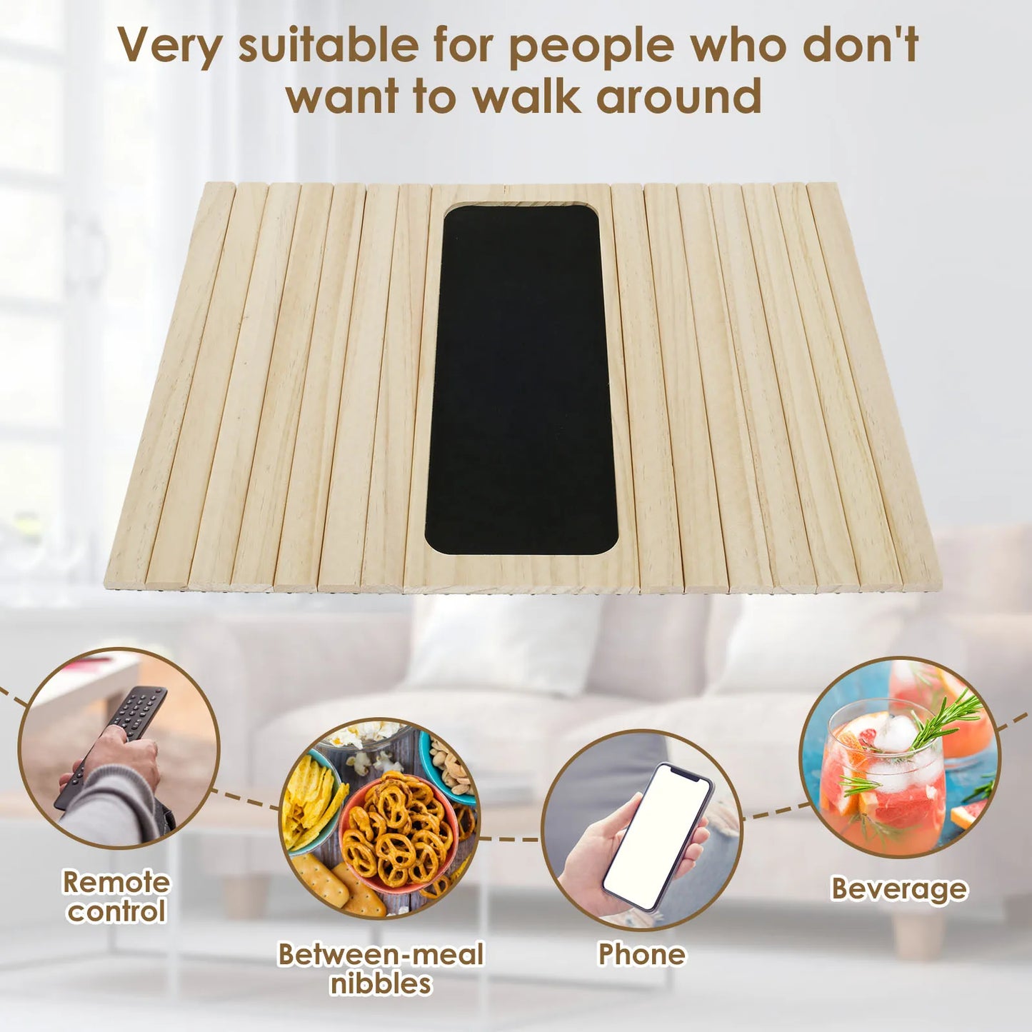 Sofa Armrest Tray Natural Wood Sofa Table Multifunctional Anti-slip Couch Arm Holder for Remote Control Drinks Snacks Organizer